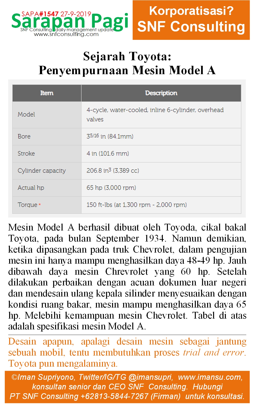 SAPA1547 Sejarah Toyota Penyampurnaan Mesin Model A